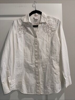 Ariat White Button-Down Shirt with Tan Embroidery